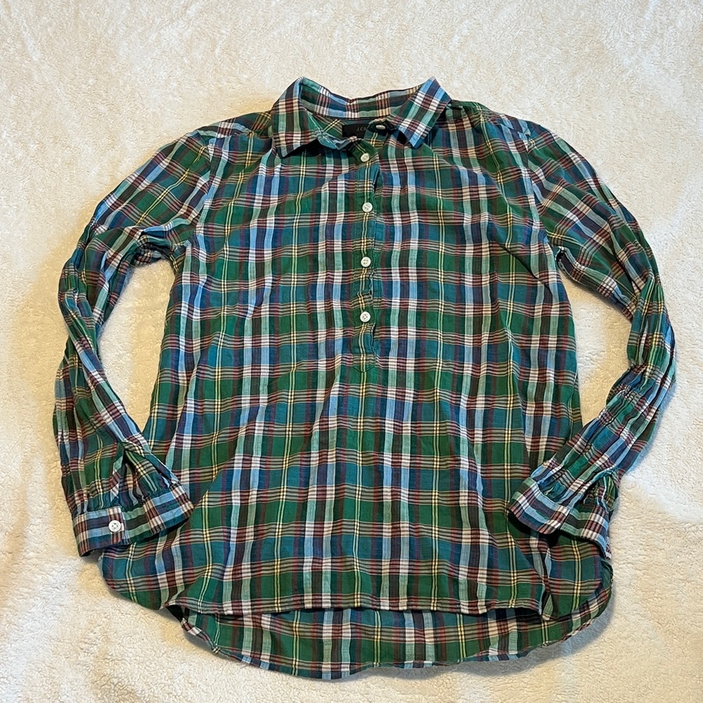 J. Crew Plaid Button Up Shirt Collar Green Blue Red Long Sleeve Size 0 Petite